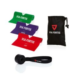 Zestaw opasek fitness Premium z zaczepem do drzwi i torbą. Fioletowe torby sportowe VIA FORTIS, bez wzorów. Za 99.90 zł.