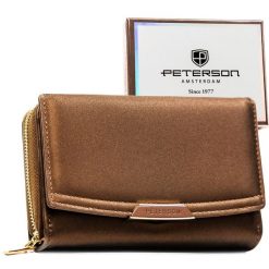 Brązowy portfel damski ze skóry ekologicznej zamykany na zatrzask i suwak - Peterson. Brązowe portfele damskie Peterson, bez wzorów, ze skóry ekologicznej. Za 94.99 zł.
