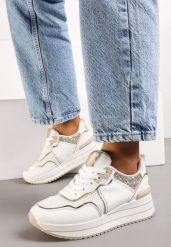 Białe Sneakersy na Grubej Podeszwie Ozdobione Brokatem Petasse. Białe obuwie sportowe damskie Born2be, bez zapięcia. Za 99.99 zł.
