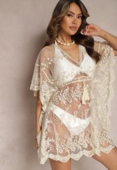 Beżowa Siateczkowa Tunika Narzutka z Haftowanym Wzorem i Chwostami Narifea. Brązowe tuniki damskie Renee, na lato, l, bez wzorów, z materiału, boho, bez kołnierzyka, bez ramiączek. Za 89.99 zł.