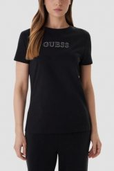 GUESS Czarny damski t-shirt na krótki rękaw z cyrkoniami Briana, Rozmiar S. Czarne t-shirty damskie Guess, s, z aplikacjami, bez kołnierzyka. Za 189.99 zł.
