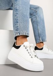 Biało-Czarne Sneakersy na Platformie Ozdobione Cyrkoniami Vivalle. Czarne obuwie sportowe damskie Renee, z jeansu, bez zapięcia. Za 74.99 zł.