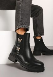 Czarne Płaskie Botki w Stylu Sztybletów z Aplikacjami Motylków 3D Zoziola. Czarne botki damskie Renee, z jeansu, eleganckie, bez obcasa, na obcasie, bez zapięcia. Za 149.99 zł.