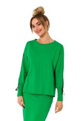 Dresowa Bluza z Lampasami - Zielona. Zielone bluzy damskie MOE, l, bez wzorów, z bawełny, bez kaptura. Za 217.39 zł.