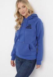 Granatowa Bluza z Kapturem i Nadrukiem Masunes. Niebieskie bluzy damskie Born2be, l, bez wzorów, z polaru, z kapturem. Za 84.99 zł.