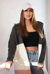 Sweter Kardigan z kapturem w pasy grafitowy+ecru+pudrowy róż. Czerwone kardigany damskie KESI, l, bez wzorów, z jeansu. Za 209.08 zł.