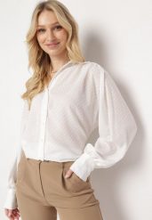 Biała Klasyczna Koszula z Tkaniny Plumeti w Kropki Grivana. Białe koszule damskie Born2be, l, bez wzorów, z tkaniny, klasyczne, bez kołnierzyka, bez ramiączek. Za 99.99 zł.