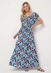 Niebieska Sukienka z Geometrycznym Wzorem i Hiszpańskim Dekoltem Tosile. Niebieskie sukienki damskie Born2be, bez wzorów, eleganckie, bez ramiączek. Za 79.99 zł.