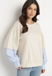 Beżowa Bluzka z Bawełny z Koszulowymi Rękawami w Paski Firselia. Brązowe bluzki damskie Born2be, bez wzorów, z bawełny, eleganckie, bez kołnierzyka, bez ramiączek. Za 79.99 zł.