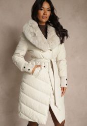 Biała Pikowana Kurtka o Eleganckim Kroju z Futerkiem i Wiązanym Paskiem Galinessa. Białe kurtki damskie Renee, na zimę, l, bez wzorów, z dzianiny, bez kaptura. Za 249.99 zł.