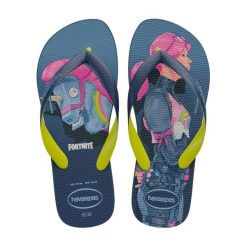 Klapki Havaianas Top Fortnite. Niebieskie klapki damskie Havaianas, bez wzorów, z gumy, z otwartym noskiem, bez obcasa, bez zapięcia. Za 126.95 zł.