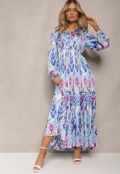 Niebieska Rozkloszowana Sukienka z Elastyczną Gumką w Talii w Stylu Boho Mizza. Niebieskie sukienki damskie Renee, bez wzorów, z materiału, boho, bez ramiączek. W wyprzedaży za 127.99 zł.