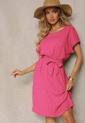 Fuksjowa Sukienka o Pudełkowym Kroju i Paskiem w Talii Tiarina. Czerwone sukienki damskie Renee, bez wzorów, eleganckie, bez ramiączek. W wyprzedaży za 55.99 zł.