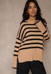 Beżowo-Czarny Sweter Oversize w Paski Kalitusa. Czarne swetry klasyczne damskie Renee, z jeansu, bez kołnierzyka. Za 64.99 zł.