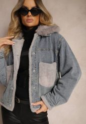 Niebieska Kurtka Jeansowa z Odpinanym Futrzanym Kołnierzem i Kieszonkami Ansilette. Niebieskie kurtki damskie Renee, l, bez wzorów, z futra, bez kaptura. Za 179.99 zł.