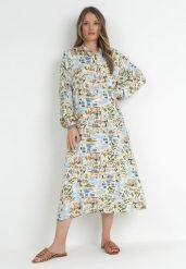 Jasnoniebieska Rozkloszowana Sukienka z Koszulową Górą Hajra. Niebieskie sukienki damskie Born2be, bez wzorów, z materiału, eleganckie, bez ramiączek. W wyprzedaży za 101.99 zł.