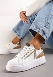 Biało-Złote Sneakersy z Ozdobnym Suwakiem i Platformą Iolanna. Białe obuwie sportowe damskie Renee, z materiału, bez zapięcia. Za 89.99 zł.