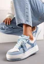 Niebiesko-Białe Sneakersy na Niskiej Platformie z Zawieszką i Ozdobnymi Sznurówkami Salam. Niebieskie obuwie sportowe damskie Renee, na lato, z jeansu, bez zapięcia, trekkingowe. Za 99.99 zł.