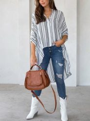 Milan Kiss Bluzka w kolorze biało-antracytowym rozmiar: S. Białe bluzki damskie Milan Kiss, s, bez wzorów, z asymetrycznym kołnierzem, bez ramiączek. Za 113.99 zł.