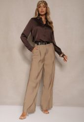 Beżowe Garniturowe Spodnie High Waist o Szerokim Kroju Efrase. Brązowe spodnie materiałowe damskie Renee, bez wzorów, z jeansu. Za 89.99 zł.