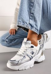 Biało-Srebrne Sznurowane Sneakersy z Ekoskóry na Grubej Podeszwie z Siateczkową Wstawką Aldaria. Białe obuwie sportowe damskie Renee, z materiału, bez zapięcia. Za 99.99 zł.