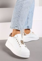 Białe Sneakersy na Grubej Podeszwie z Misiem z Cyrkonii Vlinaya. Białe obuwie sportowe damskie Born2be, z jeansu, bez zapięcia. Za 39.99 zł.
