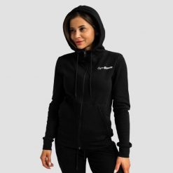 Bluza damska fitness z kapturem i zamkiem czarna Limitless. Czarne bluzy damskie GYMBEAM, xl, bez wzorów, z bawełny, z kapturem. Za 127.90 zł.