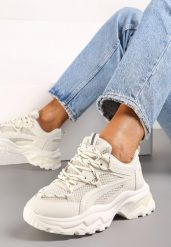 Beżowe Sneakersy na Grubej Nieregularnej Podeszwie z Odblaskowymi Wstawkami Ollavia. Brązowe obuwie sportowe damskie Renee, bez zapięcia. Za 79.99 zł.