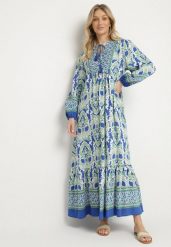 Niebiesko-Zielona Sukienka o Rozkloszowanym Kroju z Wiązaniem z Frędzlami w Etniczny Wzór Ridalea. Niebieskie sukienki damskie Born2be, bez wzorów, boho, bez ramiączek. W wyprzedaży za 127.49 zł.