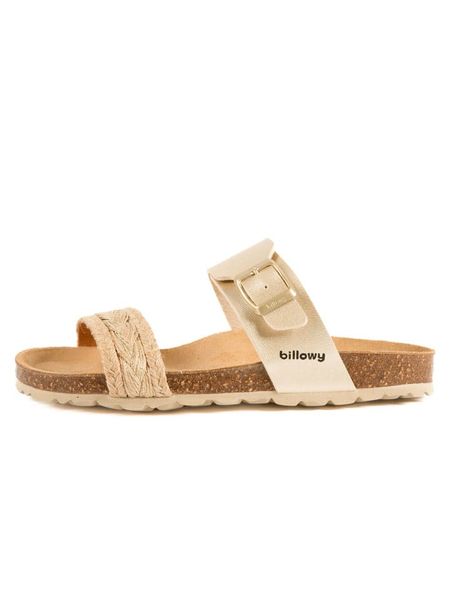 Billowy Klapki w kolorze złotym rozmiar: 37. Żółte klapki damskie Billowy, bez wzorów, z otwartym noskiem, bez obcasa, bez zapięcia. Za 145.26 zł.