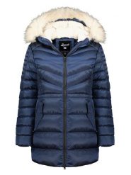 Geographical Norway Płaszcz zimowy "Destinee" w kolorze granatowym rozmiar: L. Niebieskie płaszcze damskie Geographical Norway, na zimę, l, bez wzorów, z puchu, bez kaptura. Za 251.53 zł.