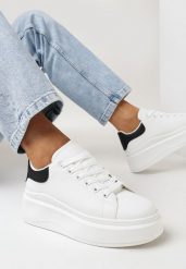 Biało-Czarne Gładkie Sneakersy z Ekoskóry na Grubej Podeszwie ze Sznurowaniem Avara. Czarne obuwie sportowe damskie Born2be, bez zapięcia. Za 69.99 zł.