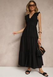Czarna Sukienka z Wiskozy Ozdobiona Falbankami Sadovene. Czarne sukienki damskie Renee, bez wzorów, z wiskozy, eleganckie, bez ramiączek. W wyprzedaży za 63.99 zł.