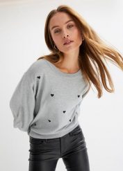 Sweter z haftem w serduszka z mieszanki wiskozy. Czarne swetry klasyczne damskie bonprix, z wiskozy, bez kołnierzyka. Za 117.99 zł.