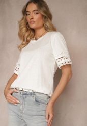 Biały Bawełniany T-shirt z Ażurowymi Rękawkami Zolreia. Białe t-shirty damskie Renee, m, w ażurowe wzory, z bawełny, bez kołnierzyka. Za 49.99 zł.