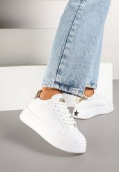 Biało-Złote Sneakersy Vices na Grubej Podeszwie z Perforacją i Napisem Nonadwin. Białe obuwie sportowe damskie Born2be, z jeansu, bez zapięcia, trekkingowe. Za 89.99 zł.