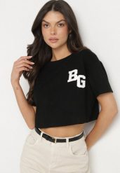 Czarny Bawełniany T-shirt Oversize o Krótkim Kroju Zariona. Czarne t-shirty damskie Born2be, l, z aplikacjami, z bawełny, bez kołnierzyka. Za 29.99 zł.