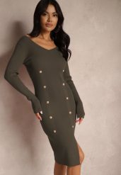 Zielona Dzianinowa Sukienka z Wiskozą z Ozdobnym Rozcięciem i Guzikami Ilavitha. Zielone sukienki damskie Renee, bez wzorów, z dzianiny, eleganckie, bez ramiączek. W wyprzedaży za 63.99 zł.