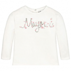Koszulka w kolorze białym. Białe koszulki i t-shirty dziewczęce Mayoral, z okrągłym kołnierzem, z długim rękawem. W wyprzedaży za 39.95 zł.