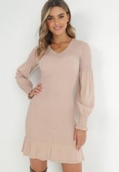 Beżowa Sukienka Dopasowana z Marszczoną Gumką i Falbanką Kima. Brązowe sukienki damskie Born2be, bez wzorów, z jeansu, eleganckie, bez ramiączek. W wyprzedaży za 161.49 zł.