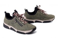 RIEKER 45973-54 green combiantion, półbuty damskie. Zielone półbuty damskie Rieker, bez wzorów, bez obcasa, bez zapięcia. Za 320.31 zł.