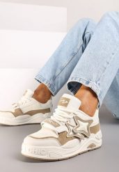 Ciemnobeżowe Sneakersy na Grubej podeszwie z Zapięciem na Rzep i Aplikacją na Boku Arforina. Brązowe obuwie sportowe damskie Born2be, z materiału, bez zapięcia. Za 99.99 zł.