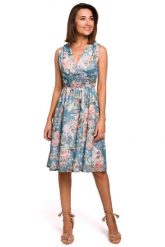 Sukienka w Kwiaty z Podkreśloną Talią - Model 4. Brązowe sukienki damskie MOE, bez wzorów, z materiału, bez ramiączek. Za 309.90 zł.