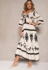 Biało-Czarna Boho Sukienka z Wiskozą z Szeroką Gumką w Talii w Etniczny Wzór Efalios. Czarne sukienki damskie Renee, bez wzorów, z wiskozy, boho, bez ramiączek. W wyprzedaży za 143.99 zł.