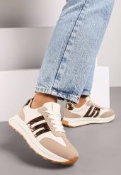 Beżowo-Brązowe Płaskie Sneakersy z Geometrycznym Wzorem Nevlene. Brązowe obuwie sportowe damskie Born2be, z materiału, bez zapięcia. Za 99.99 zł.