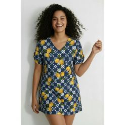 Damskie Sukienka z dżerseju cytryna trapezowy krój dekolt w serek rękaw 1/2. Niebieskie sukienki damskie Ulla Popken, bez wzorów, z dżerseju, sportowe, bez ramiączek. Za 239.99 zł.