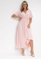Różowa Sukienka Plisowana Maxi z Wiązanym Paskiem Dianiza. Czerwone sukienki damskie Born2be, bez wzorów, z materiału, bez ramiączek. Za 139.99 zł.