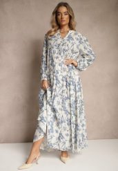 Niebieska Rozkloszowana Sukienka z Bawełny w Kwiatowy Wzór Efalora. Niebieskie sukienki damskie Renee, bez wzorów, z bawełny, eleganckie, bez ramiączek. W wyprzedaży za 135.99 zł.