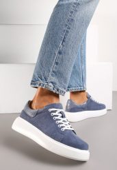 Niebieskie Sneakersy z Ozdobnym Zapiętkiem Emicca. Niebieskie obuwie sportowe damskie Renee, na lato, ze skóry, bez zapięcia. Za 159.99 zł.