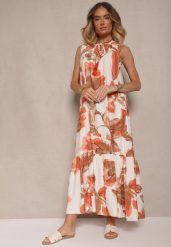 Pomarańczowa Sukienka z Wiskozą w Kwiaty Liorissa. Brązowe sukienki damskie Renee, z aplikacjami, z wiskozy, eleganckie, bez ramiączek. W wyprzedaży za 75.99 zł.